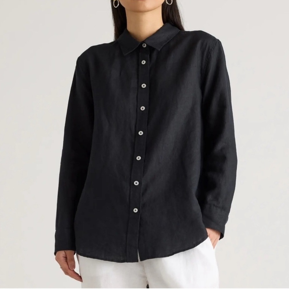 NWT Quince Black 100% European Linen Long Sleeve Button Up Shirt Sz XS - Picture 1 of 6